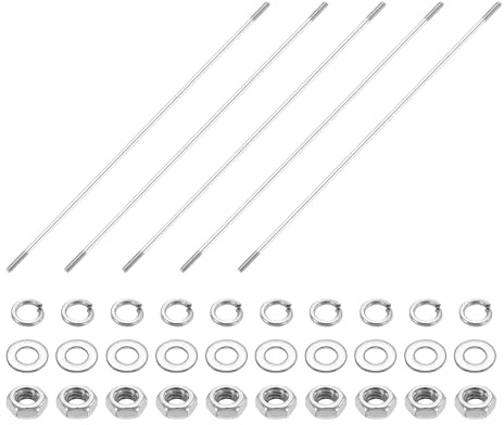 sourcing map 5 tornillos de doble extremo, M4 x 250 mm, acero inoxidable 304, pernos de varilla de doble rosca con tuercas y arandelas planas y de bloqueo, perno roscado de doble extremo para