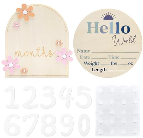 VOSSOT 2PCS Tarjetas de Hitos Bebé 0-12 Meses Madera, Diseño Floral con Cifras y Placa Recuerdo Nacimiento, Hitos Bebé Personalizados, Mes a Mes para Recién Nacido Niño Niña