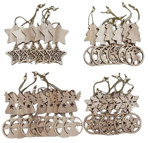 Juego de 52 Colgantes de Madera para Árbol de Navidad, Adornos para Árbol de Navidad, Ciervos/Ángeles/Estrellas/Copos de Nieve Colgantes para Colgar, Decoración de Navideña