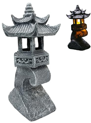 Estatua de farol de pagoda japonesa impermeable, decoración de jardín de resina alimentada por energía solar, luz de piedra de 4 x 6 x 13 pulgadas para patio, balcón, patio, porche, acento decorativo