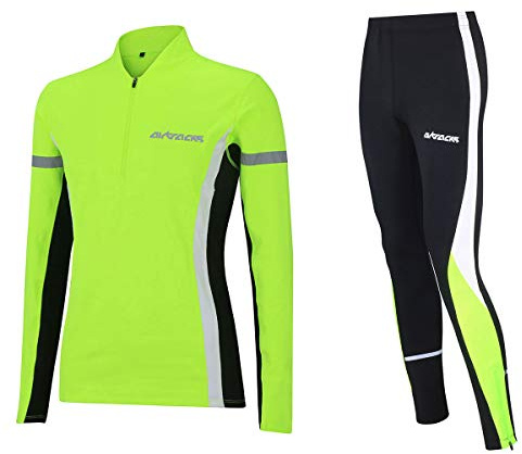 Airtracks Herren Winter Funtions Laufset - Funktions Thermo Laufhose Lang + Thermo Laufshirt Langarm - Warm - Atmungsaktiv - Reflektoren