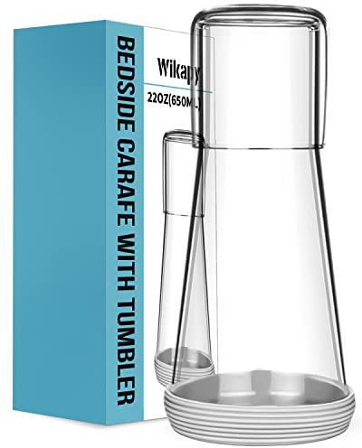 Bedside Night Water Carafe Set with Tumbler Glass, Clear Nightstand Carafe with Silicone Coaster for Bedroom and Guest Room, Glass Mouthwash Decanter for Bathroom (22 OZ)