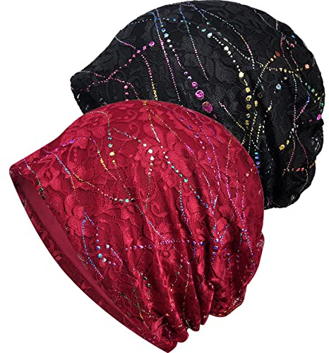WULIQIUQIU Bonnet chimio en dentelle pour femme, turban contre le cancer, chapeau souple, A-noir+rouge, Taille unique