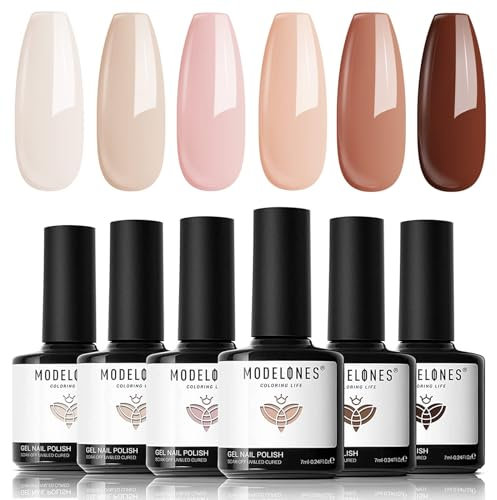 modelones Vernis Semi Permanent, Vernis Gel UV Semi Permanent Nude Marron Rosa Automne 6 Couleurs, Lot Vernis Semi Permanent Pour Manucure Francaise, Durci Par LED, Nail Art