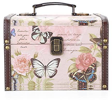 OLegei Coffret au trésor boîte de rangement en bois + cuir PU coffret à bijoux vintage cadeau pour ranger des bijoux,bibelots 22 x 18 x 15cm (motif de papillon)