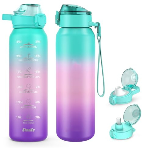 SLUXKE 32oz Insulated Water Bottle with handle BPA Free, 316 Stainless Steel Water Bottles 1000ml with Time Marker Double Walled, 1000ml Metal Water Flask Jug for Hiking, Biking, Running