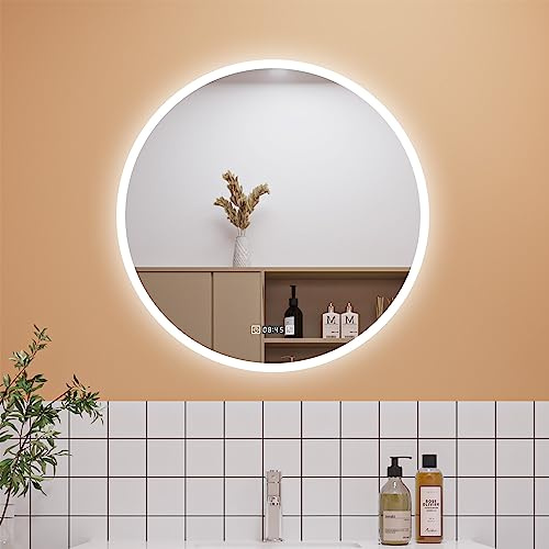Aica Sanitär Badezimmerspiegel Rund 80cm mit Uhr 3 Lichfarbe dimmbar Memory Wand/Touchschalter Anti-Beschlag Bad Spiegel Rund Explosions-schutzfolie IP44 energiesrarend