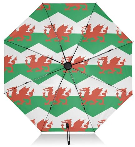 ILmira Wales Flag Travel Folding Umbrella, Strong 8 Ribs Windproof Rain UV Umbrella, Compact Portable Auto Open/Close Lightweight Umbrella