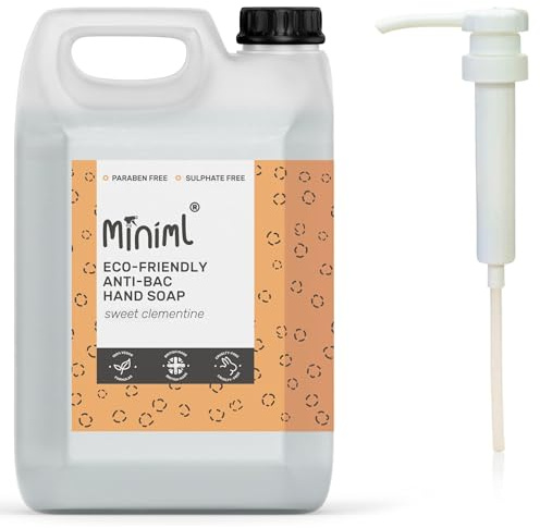 Miniml Antibacterial Hand Wash Soap - 5L Refill and 5L Pump - Natural Clementine Scented Eco Hand and Body Washing Liquid Gel for Soft and Sensitive Friendly Skin Care - 100% Vegan & Cruelty Free