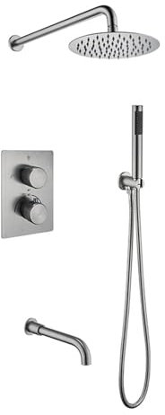 XJTNLB Armatur Dusche Thermostat Gebürsteter Edelstahl, Drei Funktionen Unterputz Duscharmaturen 8-Zoll-Regendusche und Drehbare Badewannenarmaturen