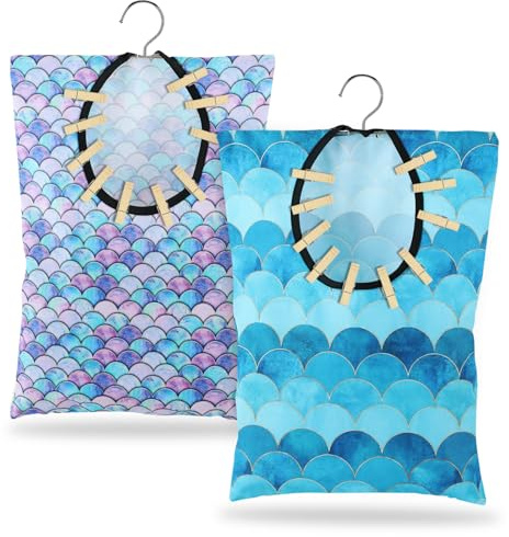 YLOLUL 2 Pcs Summer Clothes Pin Bag - Mermaids Clothespin Holder 15 X 11 Inch Hanging Bag for Clothesline & Laundry Room