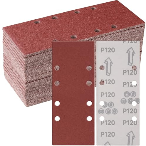 Sruhrak 50 Piezas 93 x 230mm Lijas para Lijadora, 120 Grano Rectangulares Papel de Lija 8 Agujeros Hojas de Lija para Rectangulares Lijadoras y Lijadora Orbital