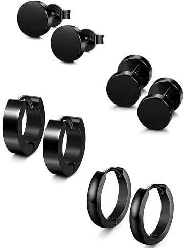 YADOCA 4 Paare Herren Ohrringe Schwarz Edelstahl Hypoallergene Creolen Ohr Piercing Set für Männer Frauen