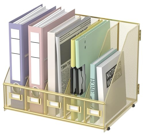 SUPEASY Schreibtisch-Organizer aus Metall, Zeitschriftenhalter mit 5 vertikalen Fächern, Organizer für Büro, Schreibtisch, Heimarbeitsplatz, Gold Plus