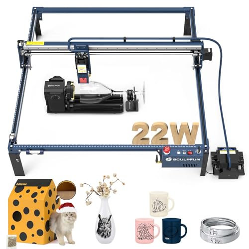 SCULPFUN S30 Ultra 22W Automatische Luftunterstützung laser graviermaschine 20W-22W Leistung 600 x 600 mm Arbeitsbereich mit RA Pro Max 4 in 1 360° Laserrolle Geeignet zum Gravieren