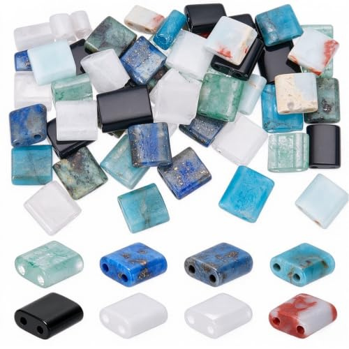 Unicraftal 80pcs 8 Color Perla de Rocalla Media Perlas con 2 Agujeros Cuentas Planas Cuadradas a Granel 5,5x5cm Rectángulo Piedra Preciosa Natural Conector Perlas Espaciador para Pulsera de Joyería