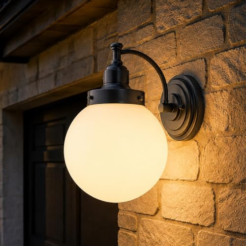FTL Globe Outdoor Wall Light with Glass Frosted White, Modern Porch Light Wall Sconce Lantern, E27 Socket Outside Wall Lamp, Exterior Security Lights for Front Door Backyard Entryway, IP44 Waterproof