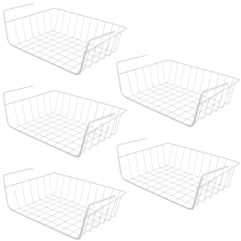 Förvaring 5 stycken hängkorghylla, underhylla förvaringskorg metall, vit, 36,5 x 22 x 11,5 cm, insatskorgar för hyllor, trådkorg för kök, kontor, skafferi, badrum, skåp