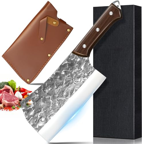 Welan Couteau Cuisine Professionnel, Couteau Hachoir Japonais, Lame Acier Inoxydable HRC 63, Revêtement Anti-Adhérent Nuages, Pour Barbecue & Cuisine