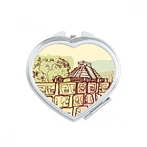 DIYthinker Chichen Itza Mexiko Antike Kultur Zeichnung Herz Compact Make-up Taschenspiegel Tragbare Nette kleine Hand Spiegel Geschenk Mehrfarbig