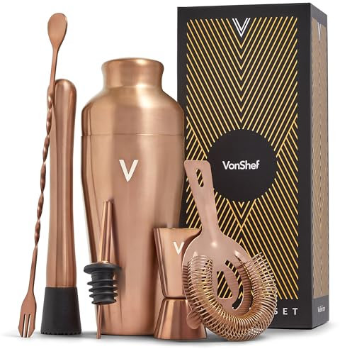 VonShef Cocktail Shaker Set, Copper 6pc Set with 550ml Parisian Cocktail Shaker, Professional Bartender Kit for Home Bar, Including Strainer, Muddler, Jigger & Other Bar Accessories, Gift Box Included