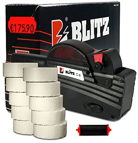 Preisauszeichner Set Blitz C6 inkl. 10 Rollen 26x12 Preisetiketten - leucht-rot permanent + 1 Farbrolle | Preisauszeichnungsgerät | HUTNER