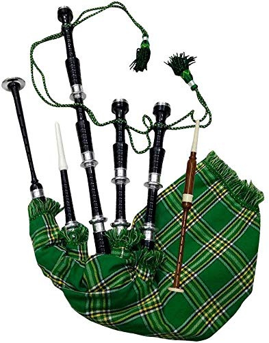 Scottish Full Size Bagpipe Rosewood or Black Finish with Silver Plain Mounts Free Tutor Book, Carrying Bag, Drone, Reeds (Black,National Green)