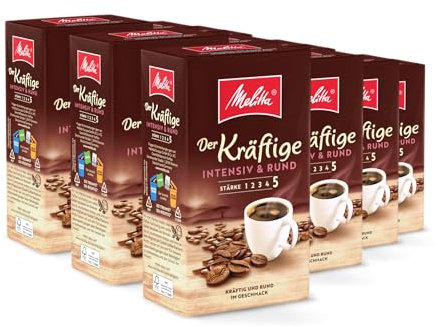 Melitta Der Kräftige Filter-Kaffee 12 x 500g, gemahlen, Pulver für Filterkaffeemaschinen, kräftige Röstung, geröstet in Deutschland, im Tray