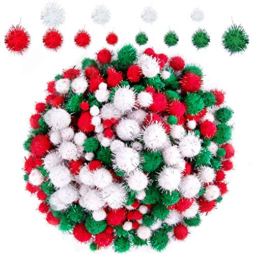 BQTQ 1500 Stück Bunt Mini Pompons Weihnachten Pom Pom Glitter Pompons Bälle Klein Pompons zum Basteln für Weihnachten DIY und Dekorationen (4 Größen, Rot, Weiß, Grün)