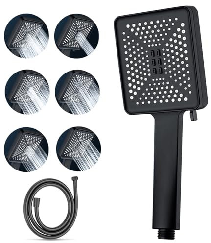 GEFIRE Duschkopf Wassersparend 6 Strahlarten, Duschbrause mit Schlauch 1,5M, Große Wassersparende Hochdruckdusche, Anti Kalk Düsen Sparduschkopf, Verchromt Wassersparen Brausekopf Dusche (Schwarz)