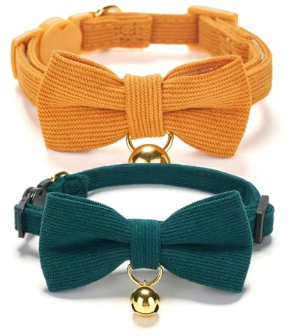 Ewinoom 2 Pack Soft Corduroy Cat Collars with Bow Tie & Bell, Adjustable Breakaway Cotton Kitty Bowtie Collar for Girl Boy Kitten (Orange & Green)