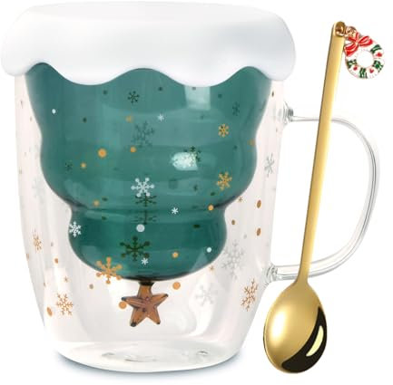 Jinlaili Tasses Mignonnes de Noël, Verres à Café Tasse de Café Double Paroi Coupe en Verre avec couvercle, Sapin Noël Tasses en Verre Tasse à Expresso, Tasse Verre Noel Cadeau de Noël