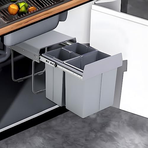 Warmiehomy Pull Out Kitchen Bin 40L Recycling Bins for Kitchen Built-In 3 Waste Bins with Handle 2x10L+20L Removal Container with Fixing Waste Brackets