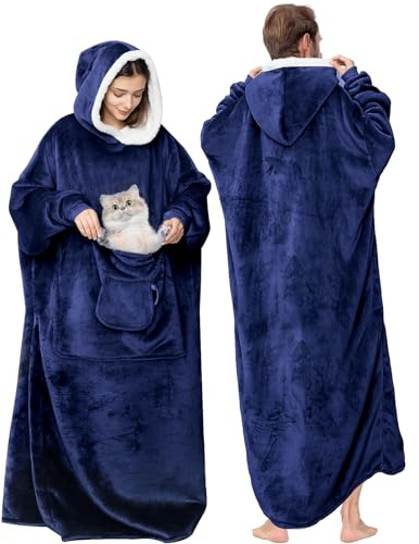 Elaxi Extra Long Oversized Blanket Hoodie, Soft Sherpa Hooded Wearable Blanket with Sleeves, Pockets Fleece Warm Wearable Throw Giant Sweatshirt for Women and Men Blue