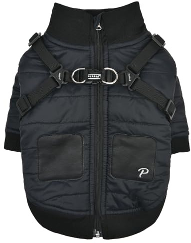 Puppia Stratus Hundepullover Wintersaison, integriertes Geschirr für kleine und mittelgroße Hunde, Schwarz, Größe M