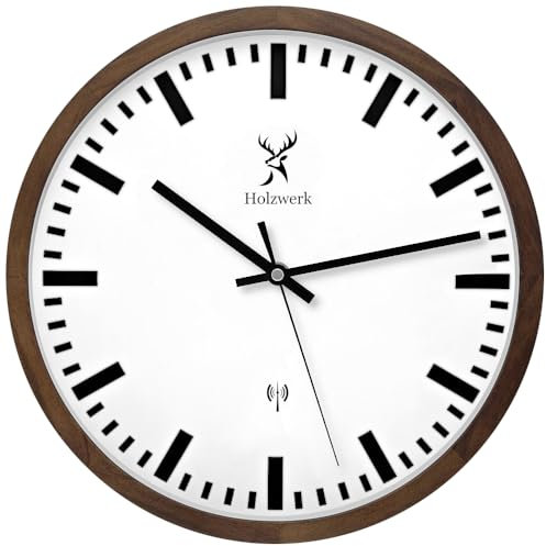 Holzwerk Germany Natur Funkwanduhr Funk Wanduhr Holz-Uhr Retro Vintage Funkuhr lautloses Uhrwerk ohne Tickgeräusche Braun Weiß lautlos aus handgefertigtem Massivholz Natur Holz 30 cm