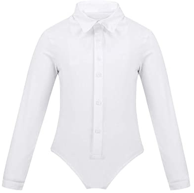 dPois Costumi Prestazioni Bambini Camicia da Latino Moderno Slim Fit Bambino Strass Body da Ginnastica Danza Classica Ballo Tango Samba Rumba Costumi da Ballo Dancewear, 6-16 Anni Bianco A 7-8 anni