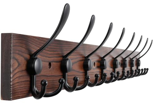 Kuhome 32.2'' Large Coat Rack Wall Mount Coat Hooks Coat Hanger with 8 Metal Black Triple- Hooks Brown Pine Real Wood Plank Hat Rack for Wall Hooks for Hanging Coat Hat Jacket