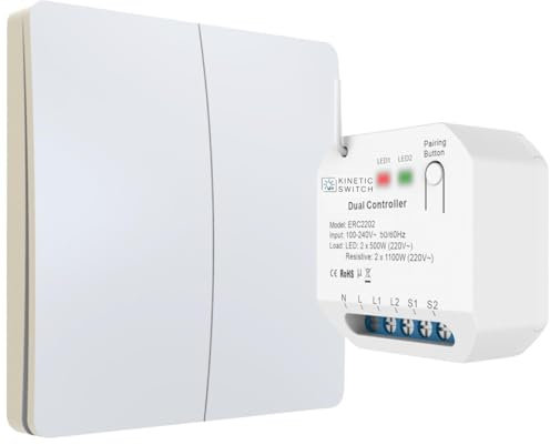 kinetic-switch Funkschalter Set 2-Kanal mit batterielosem 2-fach Funkschalter (IP67) und smartem 2- Kanal Kompakt-Empfänger auch über tuya App sowie Amazon Alexa und Google Home steuerbar (weiß)