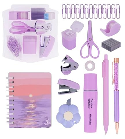 Mini Tacker Kit Bürozubehör Kits – Enthält Mini Stacker, Schere, Heftferner, Heftklammern, Bandspender… (Purple Set)