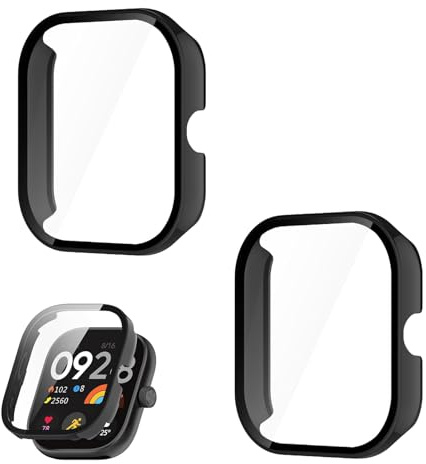 2 Piezas Funda Compatible con Xiaomi Redmi Watch 4, Protector de Pantalla Carcasa Protectora de PC de Vidrio Templado, Protección Completa Antiarañazos, Estuche Alta Definición, Carga Directa, Negro