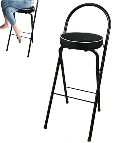 Sgabello da bar pieghevole portatile con schienale e poggiapiedi, imbottito, nero, per cucina, casa, interni ed esterni, sgabello alto pieghevole con 1 pezzo da 70 cm.