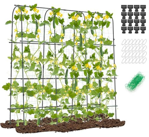 RELAX4LIFE Gurken Rankhilfe Set, U-förmiges Garten-Rankgitter für Kletterpflanzen, Pflanzenhalter Metall, Breite einstellbar, 180 cm hoch, mit Gartennetz&Clips, Pflanzenstütze für Blumen&Nutzpflanzen