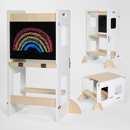 KYWAI® Lernturm ab 1 Jahr – Lernturm Klappbar 3 in 1 mit Tafel – Learning Tower für Kinder – Faltbar mit Sicherheitsfüßen – Aus Nachhaltigem Holz – Stabiler Montessori-Hocker für Zuhause