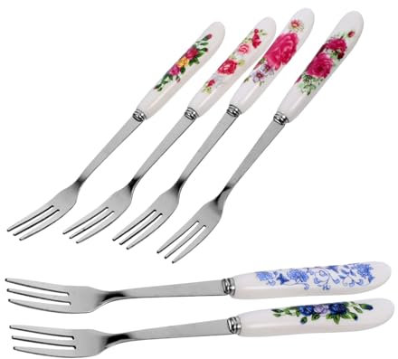 MOLUCKFU 6pcs Stainless Steel Ceramic Handle Dessert Fork Multi-Function Small Fork Portable for Cake Utensils and Party Fruit Serving