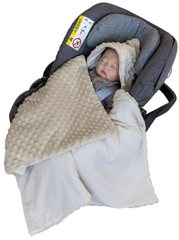 LOOLAY Einschlagdecke Babyschale kompatibel mit 3 und 5 Punkt Gurtsystemen – Babydecke für Autositz 90x90 cm – Minky und 100% Baumwolle – Einschlagdecke für Kinderwagen und Trage (Beige)