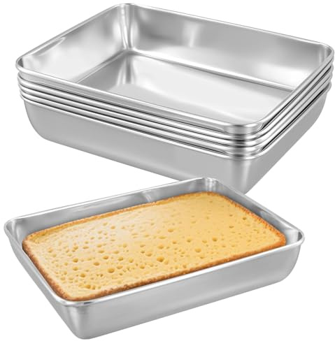 MUKCHAP 6 Pack 25 x 20 x 5.4cm Stainless Steel Baking Trays, Rectangle Cake Tins, Deep Baking Sheet Trays, Silver Roasting Pans for Cake Brownie Bread and Food Cookin