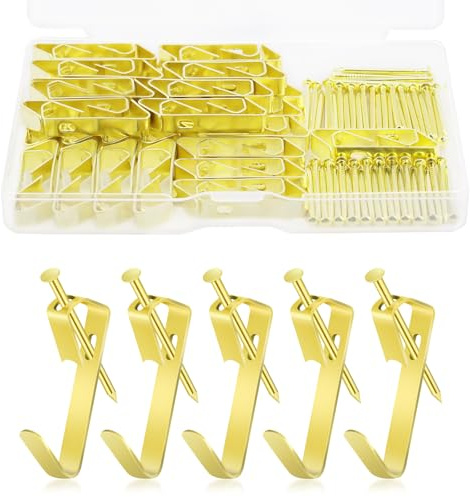 vsshe 50 Piezas Perchas para cuadros con clavos, Soporta hasta 30 libras, Juego de Marco de Fotos Ganchos, para Colgar Fotos, lienzo, reloj, espejo, cuadros de oficina, oro
