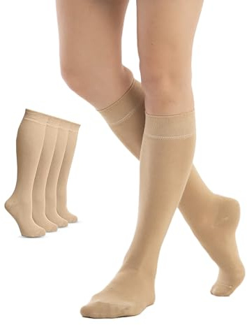 Fiera Besa Kniestrümpfe Damen – 4 Paar – Weich & Elastisch, Ohne Naht, Verstärkte Ferse & Zehen, Made in Europe, Bequem, Atmungsaktiv – Hellbeige, Marineblau, Schwarz, Weiß – 35-38 & 39-42