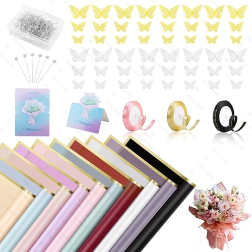homdat Blombukett pappersset, bestående av 100 ark presentpapper med blommönster, band, gratulationskort, diamantbroscher, 3D-rosetter och blomsterkransar för att packa blomstergåvor, 58 cm